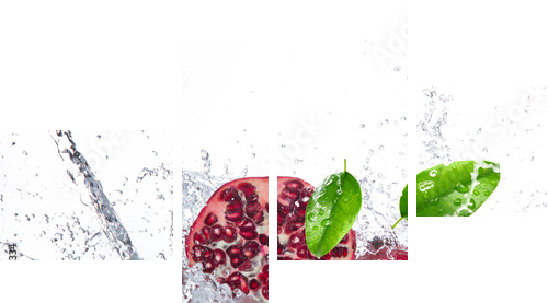 Juicy pomegranate with splashing water - Vierteiliges Leinwandbild, Viertychon