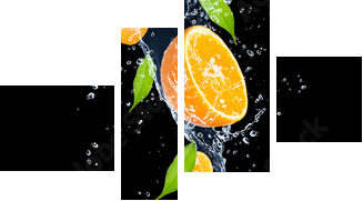 Oranges in water splash, isolated on black background - Vierteiliges Leinwandbild, Viertychon
