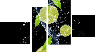 Limes in water splash, isolated on black background - Vierteiliges Leinwandbild, Viertychon