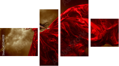 Woman in red waving beautiful dress with flying fabric  - Vierteiliges Leinwandbild, Viertychon