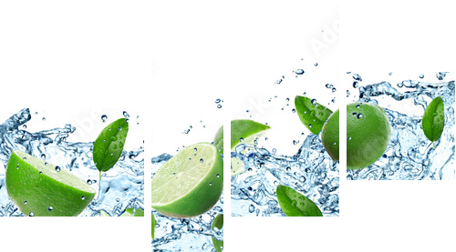 Limes and Splashing water over white - Vierteiliges Leinwandbild, Viertychon