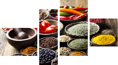 Spices on wooden bowl background   - Vierteiliges Leinwandbild, Viertychon
