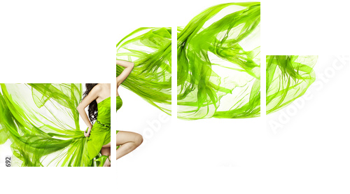 Woman dancing in green dress, fluttering waving fabric  - Vierteiliges Leinwandbild, Viertychon