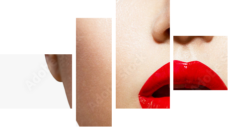 Red Sexy Lips and Nails closeup. Manicure and Makeup - Vierteiliges Leinwandbild, Viertychon