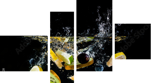 Splashing fruit on water. - Vierteiliges Leinwandbild, Viertychon