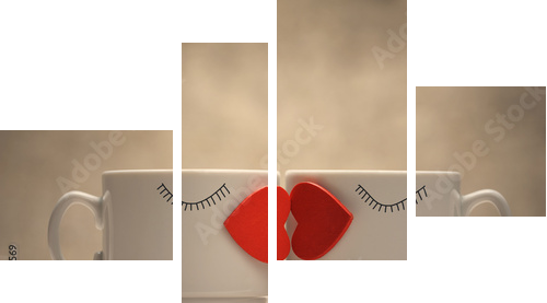 Two coffee cups with red hearts as a kissing lips  - Vierteiliges Leinwandbild, Viertychon