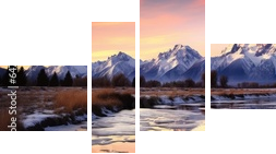 Captured in breathtaking panorama, the mountain range reveals its regal beauty under the canvas of a sunset sky. - Vierteiliges Leinwandbild, Viertychon