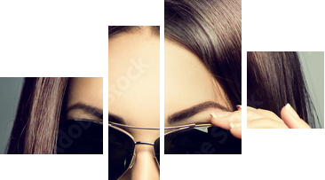 Beauty model girl with long brown hair wearing sunglasses  - Vierteiliges Leinwandbild, Viertychon