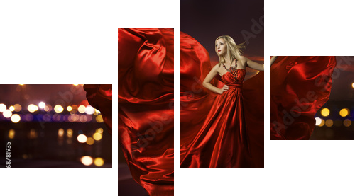 woman dancing in silk dress, artistic red blowing gown waving  - Vierteiliges Leinwandbild, Viertychon