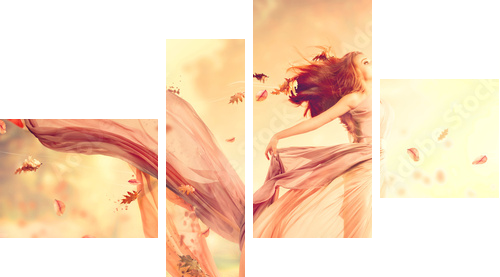 Autumn fantasy girl, fairy in blowing chiffon dress  - Vierteiliges Leinwandbild, Viertychon