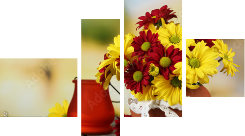 Beautiful chrysanthemum in pot with candlestick  - Vierteiliges Leinwandbild, Viertychon
