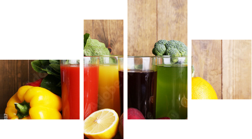 Fruit and vegetable juice in glasses and fresh fruits and  - Vierteiliges Leinwandbild, Viertychon
