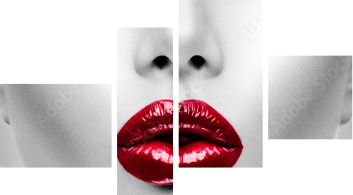 Sexy Red Lips. Beauty Model Woman's Face closeup  - Vierteiliges Leinwandbild, Viertychon