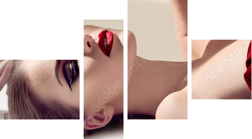 Beautiful young model with red lips. Gorgeous Woman Face.  - Vierteiliges Leinwandbild, Viertychon