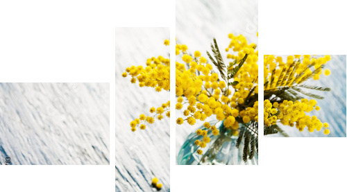 Bouquet of mimosa (silver wattle) in vase on wooden background  - Vierteiliges Leinwandbild, Viertychon
