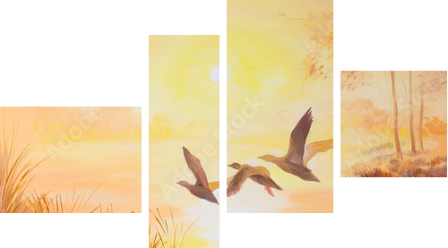 oil painting - Cranes at sunset, art work - Vierteiliges Leinwandbild, Viertychon