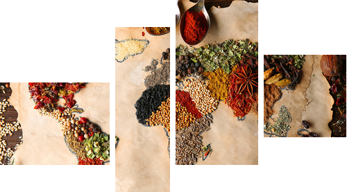 Map of world made from different kinds of spices, close-up  - Vierteiliges Leinwandbild, Viertychon