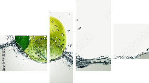 Green Apple amid splashing water.  - Vierteiliges Leinwandbild, Viertychon