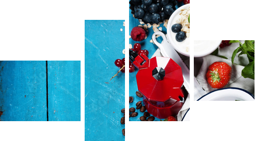 Healthy breakfast - yogurt with muesli and berries - health and  - Vierteiliges Leinwandbild, Viertychon