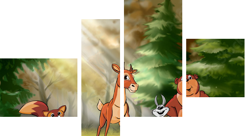 Forest animals are on the field - Vierteiliges Leinwandbild, Viertychon