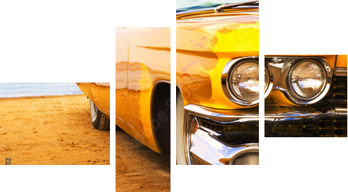Classic yellow flame painted Cadillac at beach - Vierteiliges Leinwandbild, Viertychon