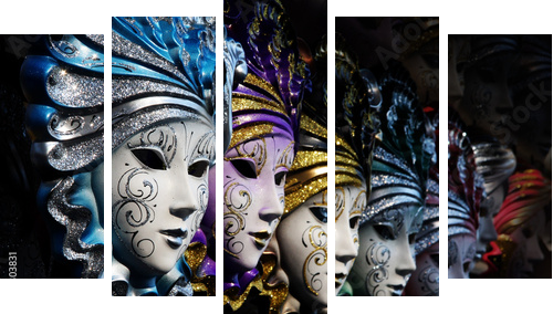 Row of venetian masks in gold and blue - Fünfteiliges Leinwandbild, Pentaptychon