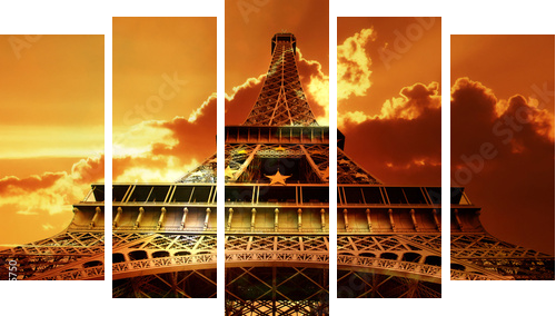 Wieże Eiffela w promieniach słońca
 - Fünfteiliges Leinwandbild, Pentaptychon