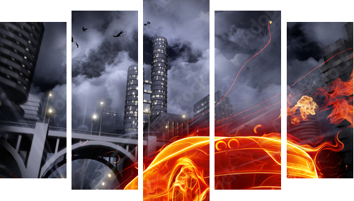 Fire car - Fünfteiliges Leinwandbild, Pentaptychon