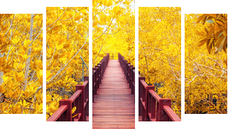 wooden bridge & autumn forest. - Fünfteiliges Leinwandbild, Pentaptychon