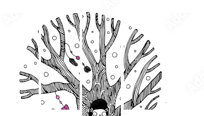 Beautiful magic tree, fox, hare angel and owl. - Fünfteiliges Leinwandbild, Pentaptychon