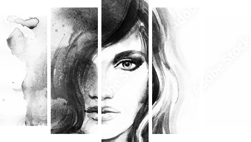 Beautiful woman portrait. Abstract fashion watercolor illustration - Fünfteiliges Leinwandbild, Pentaptychon