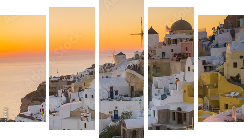 the beautiful sunset in Santorini Greece, sea, sunset, white Greek houses in the evening - Fünfteiliges Leinwandbild, Pentaptychon