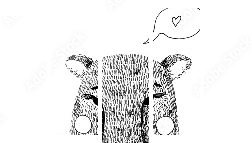 Hand drawn cute bear hand illustration. Ink sketch with wild animal - bear with bow tie, cheeks and speech bubble with heart - Fünfteiliges Leinwandbild, Pentaptychon