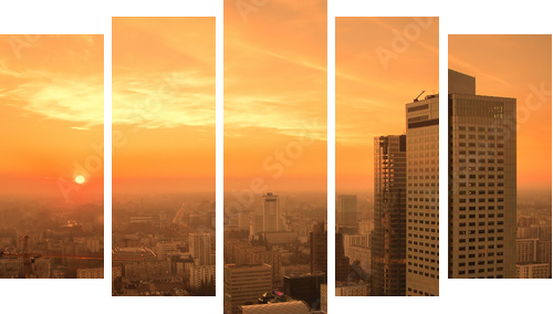 Sunset over Warsaw downtown - Fünfteiliges Leinwandbild, Pentaptychon
