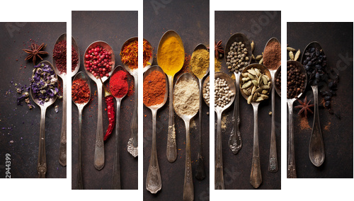Various spices spoons - Fünfteiliges Leinwandbild, Pentaptychon