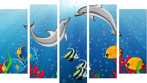 Underwater world with dolphins and tropical fishes - Fünfteiliges Leinwandbild, Pentaptychon