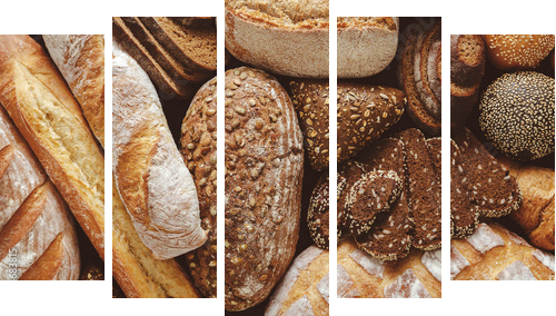Bread background, top view of white, black and rye loaves - Fünfteiliges Leinwandbild, Pentaptychon
