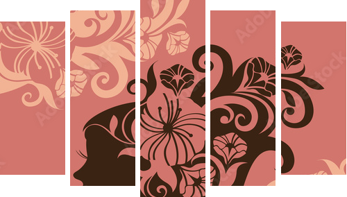 Beautiful woman silhouette with a flowers - Fünfteiliges Leinwandbild, Pentaptychon