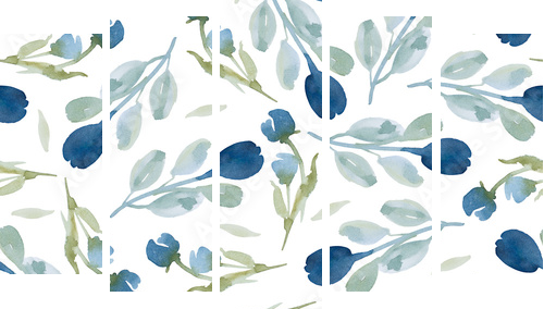 pattern of wildflowers and leaves on white background - Fünfteiliges Leinwandbild, Pentaptychon