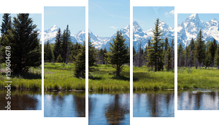 Grand Tetons and reflection - Fünfteiliges Leinwandbild, Pentaptychon