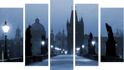 charles bridge, (blue) prague - Fünfteiliges Leinwandbild, Pentaptychon
