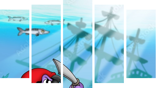 Pirate octopus near ship underwater - Fünfteiliges Leinwandbild, Pentaptychon