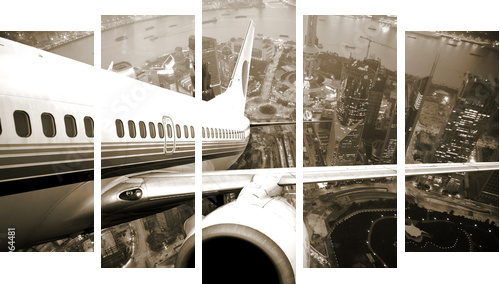 the airplane take off from the city night - Fünfteiliges Leinwandbild, Pentaptychon