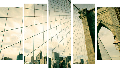 Most Brookliński – sepia z widokiem na Nowy Jork  - Fünfteiliges Leinwandbild, Pentaptychon