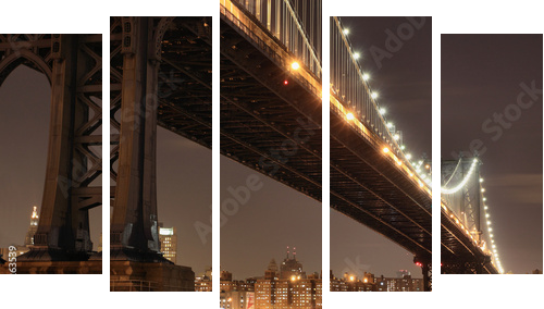New York City Skyline and Manhattan Bridge At Night - Fünfteiliges Leinwandbild, Pentaptychon