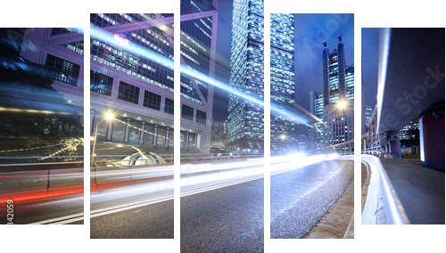 Fast moving cars lights blurred over modern city background - Fünfteiliges Leinwandbild, Pentaptychon