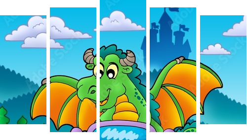 Green dragon driving car - Fünfteiliges Leinwandbild, Pentaptychon