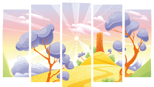 Landscape with tower. Funny cartoon and vector illustration. - Fünfteiliges Leinwandbild, Pentaptychon
