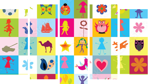 Pattern with toys and kids for kindergarten - Fünfteiliges Leinwandbild, Pentaptychon