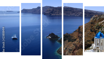 Piękno Santorini uchwycone w panoramie
 - Fünfteiliges Leinwandbild, Pentaptychon